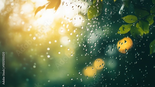 Rain drop on window glass with blur nature tree background,Summer rain,Rain drops on window glass outdoors. Texture of water in heavy rain,Water drop steam,space for text.