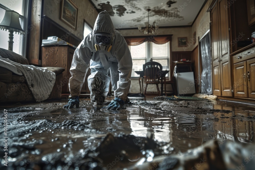 A man in a hazmat suit is kneeling in a flooded room A man in a hazmat suit is kneeling in a flooded room