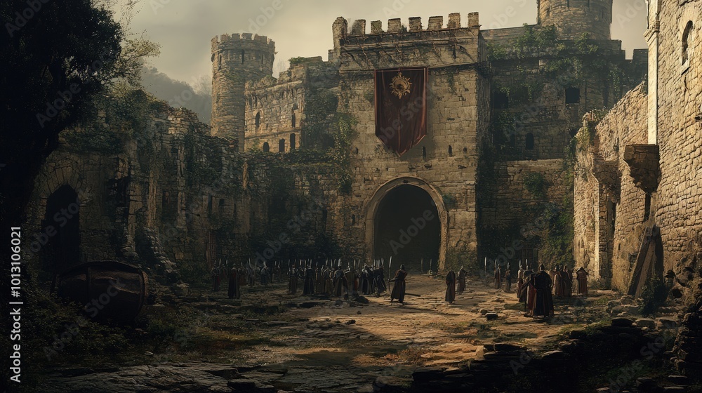 Soldiers gather outside a crumbling castle. Soldiers gather outside a crumbling castle.