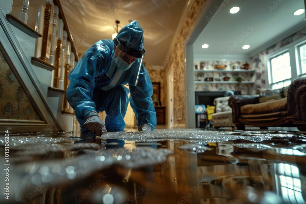 A man in a blue suit is cleaning up a flooded room A man in a blue suit is cleaning up a flooded room