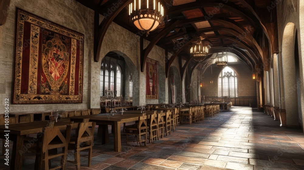 Stone hall with long wooden tables and chairs. Stone hall with long wooden tables and chairs.