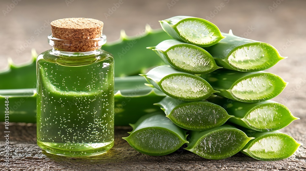 Fresh aloe vera leaves stacked with a bottle of aloe gel in front, placed on a neutral background Fresh aloe vera leaves stacked with a bottle of aloe gel in front, placed on a neutral background