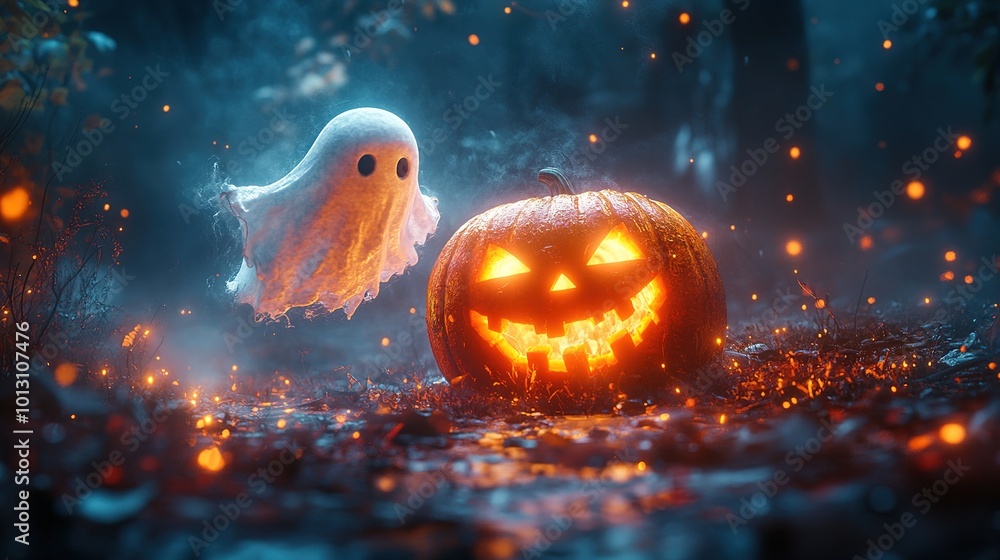 friendly Halloween ghost hovering over a carved pumpkin, surrounded by swirling mist and twinkling lights, creating a playful yet spooky scene friendly Halloween ghost hovering over a carved pumpkin, surrounded by swirling mist and twinkling lights, creating a playful yet spooky scene