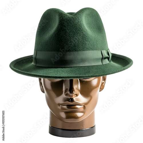 Men's green fedora hat on manikin head stand transparent background