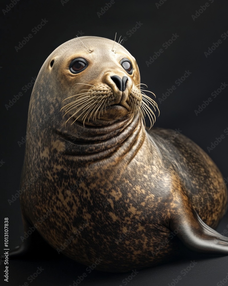 the Seals, portrait view, white copy space on right, Isolated on black Background the Seals, portrait view, white copy space on right, Isolated on black Background