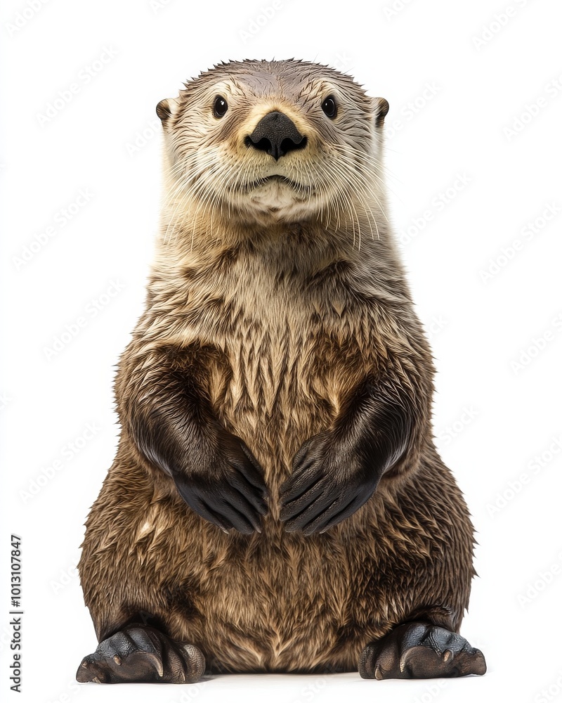 the Sea Otters, portrait view, white copy space on right, Isolated on white Background the Sea Otters, portrait view, white copy space on right, Isolated on white Background