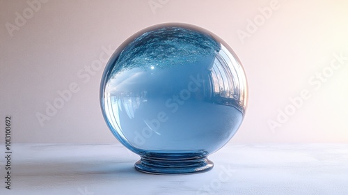 A reflective blue crystal ball on a smooth surface.