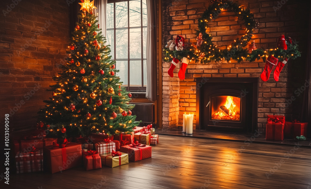 A cozy room at night features a Christmas tree adorned with lights A cozy room at night features a Christmas tree adorned with lights