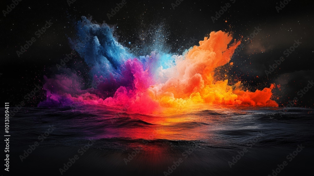 Colorful Explosion Over Water With Starry Sky Colorful Explosion Over Water With Starry Sky