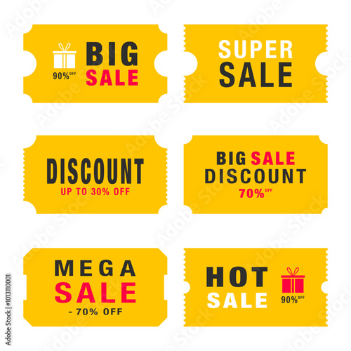 Set of coupon discount offers. Big, mega, super sale. Sales vouchers. Vector illustration.