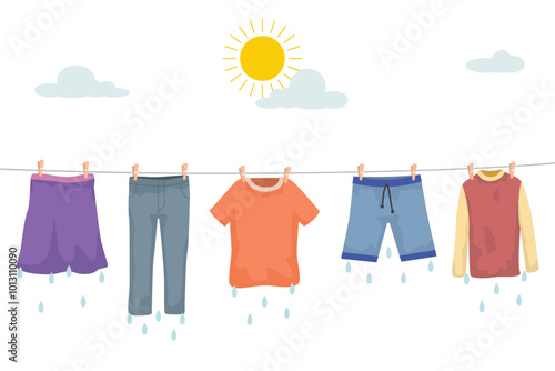 Drying wet clothes hanging on clothesline under the sun