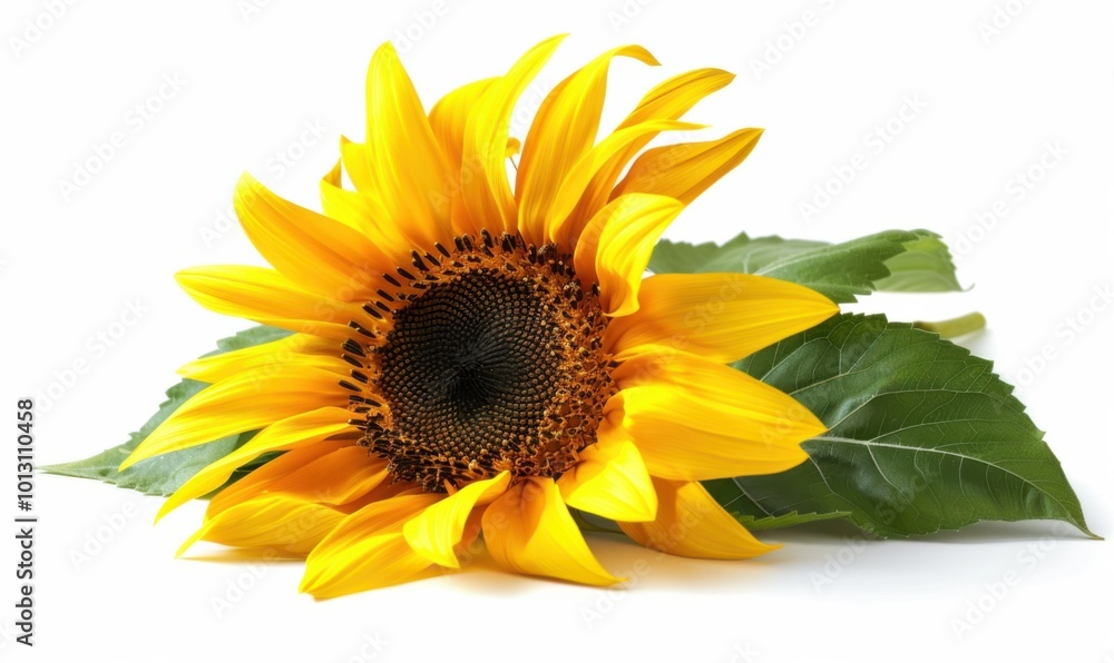 Fototapeta premium Bright yellow sunflower, white background, 4K hyperrealistic photo