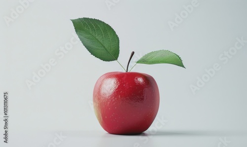 Red apple with a single leaf, white background, 4K hyperrealistic photo