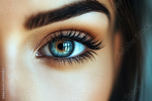 Close-up of a beautiful young woman with blue eyes and long black hair.