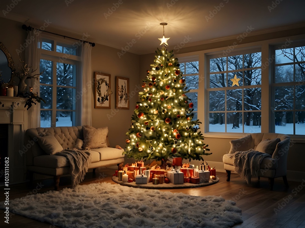 Winter space with Christmas decorations and a beautifully adorned tree. Winter space with Christmas decorations and a beautifully adorned tree.