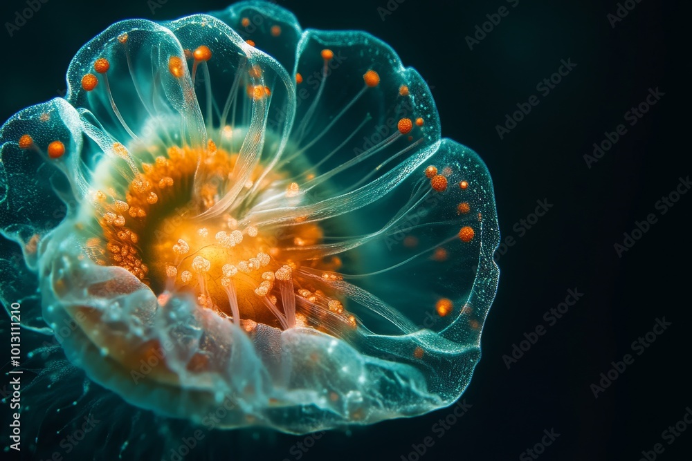 Fototapeta premium Mystic portrait of Coccolithophore Phytoplankton, copy space on right side, Close-up View, isolated on black background