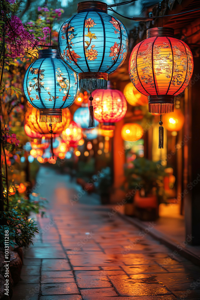 Fototapeta premium Chinese lantern ornament decorations for Mid Autumn Festival celebration of luck, health, happiness and prosperity in Singapore