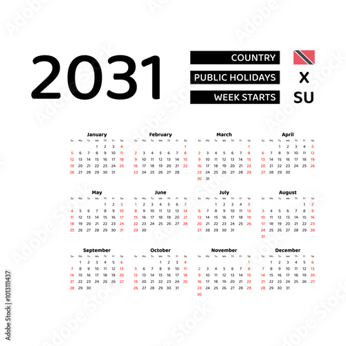 Calendar 2031 English language with Trinidad and Tobago public holidays. Week starts from Sunday. Graphic design vector illustration. photo