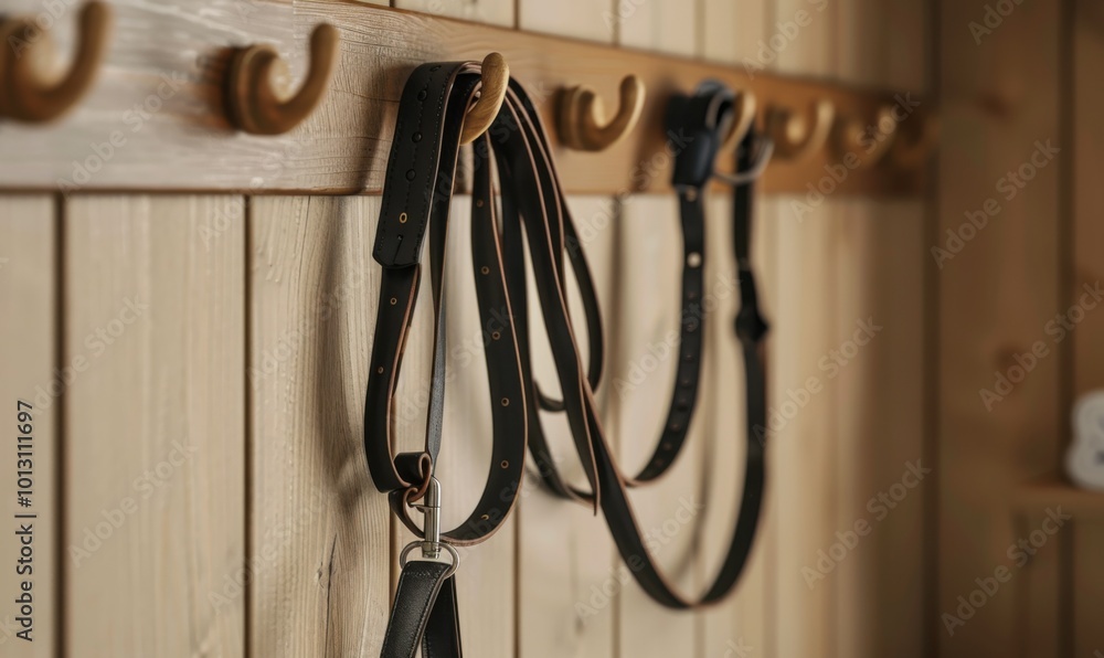 Dog leash on the coat rack, 4K hyperrealistic photo Dog leash on the coat rack, 4K hyperrealistic photo