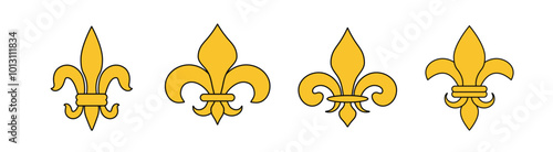 Yellow heraldic french lily. Medieval heraldic flower. Golden Fleur de lis symbol. Luxury dynasty emblem.