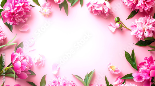 Frame made of of peony flowers with copy space for text on pink background. Flat lay, top view.