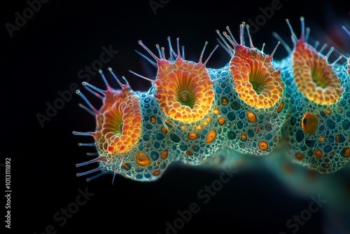 Mystic portrait of Radiolarians Zooplankton, copy space on right side, Close-up View, isolated on black background photo