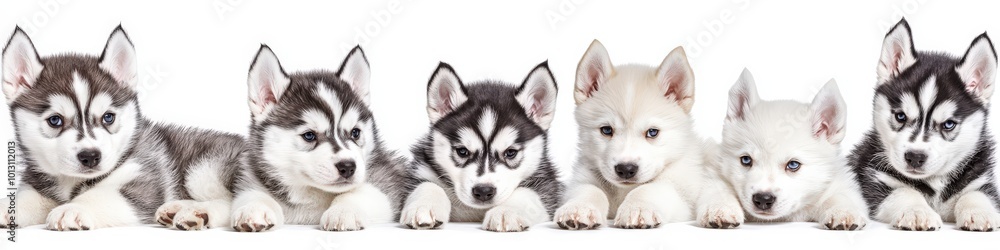 Group of Puppies. Cute Husky Puppies Sitting in a Row, Pet Animal Pack Group of Puppies. Cute Husky Puppies Sitting in a Row, Pet Animal Pack