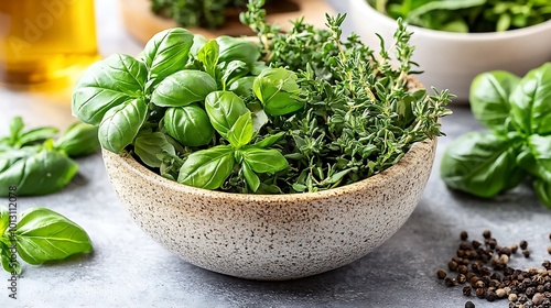 Mortar and pestle with various fresh herbs like basil, thyme, and oregano in a cozy kitchen setting photo