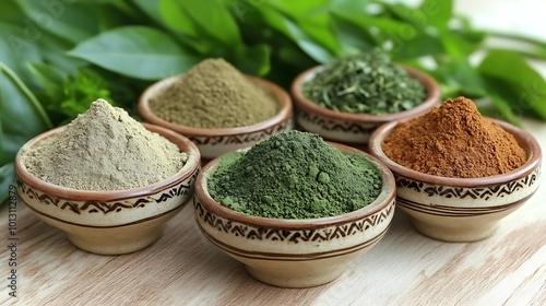 Traditional herbal powders like neem and sandalwood in ceramic bowls, with fresh herbs beside them photo