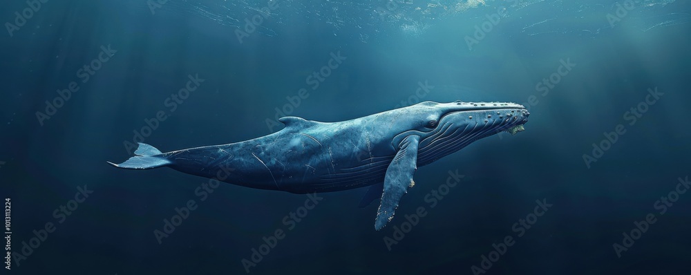 Fototapeta premium Blue whale swimming gracefully through the ocean depths, 4K hyperrealistic photo