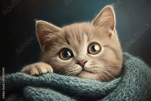 Portrait of Adorable British Shorthair Kitten with Fluffy Fur and Playful Expression in Pet Photography