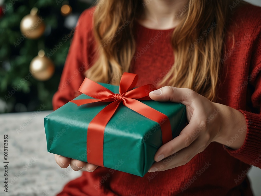 Woman receiving a Christmas gift wrapped in red paper with a ribbon. Woman receiving a Christmas gift wrapped in red paper with a ribbon.