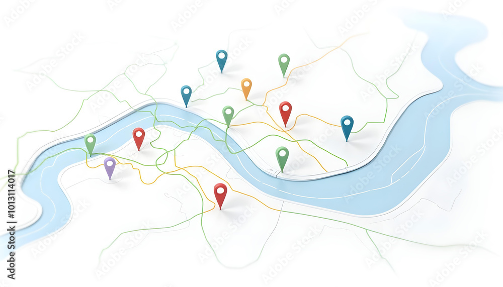 Modern Transportation Map Horizontal View of a River with Pinpoints Indicating Roads and Paths Modern Transportation Map Horizontal View of a River with Pinpoints Indicating Roads and Paths