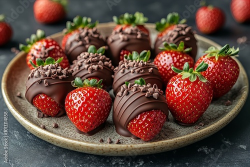 Close up Image of Fresh Ripe Strawberries Dipped in Rich Creamy Chocolate photo