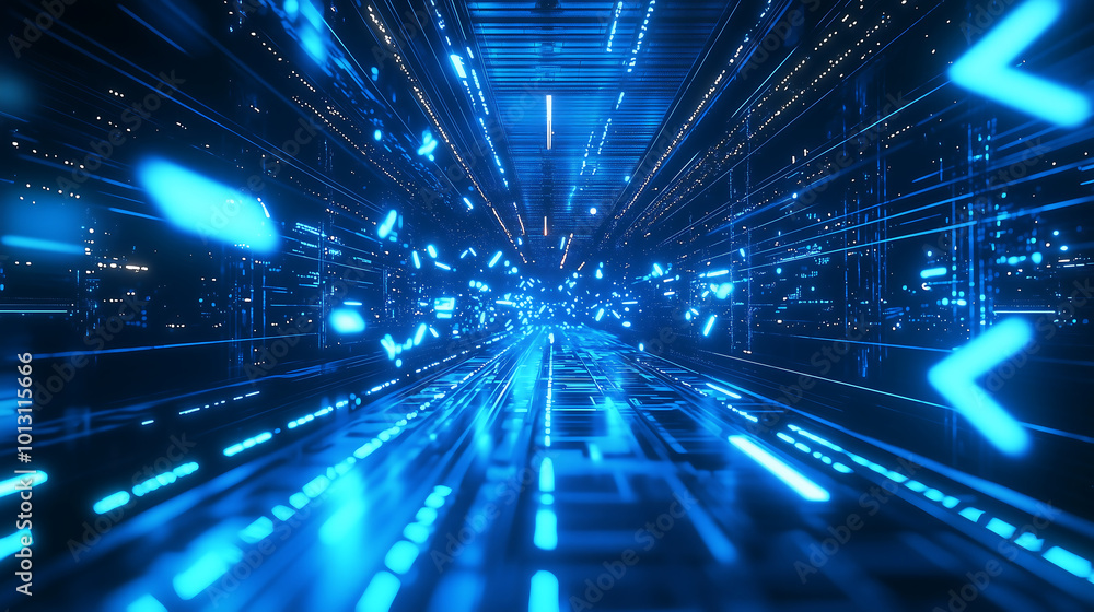3D rendering of blue glowing light arrows flying in a futuristic cyberpunk background with a digital data technology and network connection concept 3D rendering of blue glowing light arrows flying in a futuristic cyberpunk background with a digital data technology and network connection concept