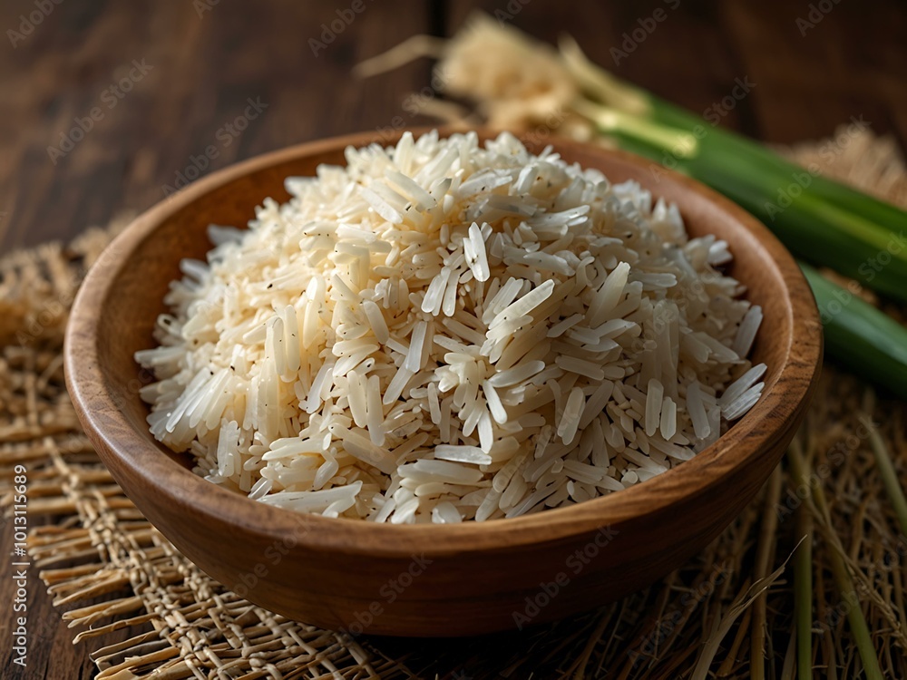 Wooden bowl filled with raw rice, with stalks in the background. Wooden bowl filled with raw rice, with stalks in the background.