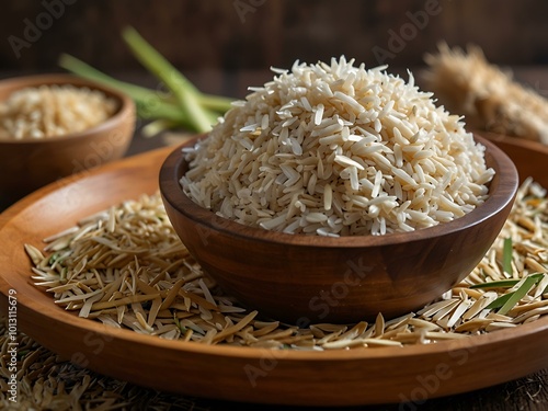 Wooden bowl filled with raw rice, with stalks in the background.