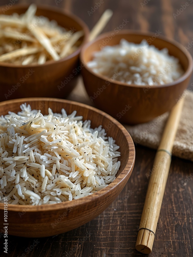 Wooden bowl with raw rice and stalks in the background. Wooden bowl with raw rice and stalks in the background.