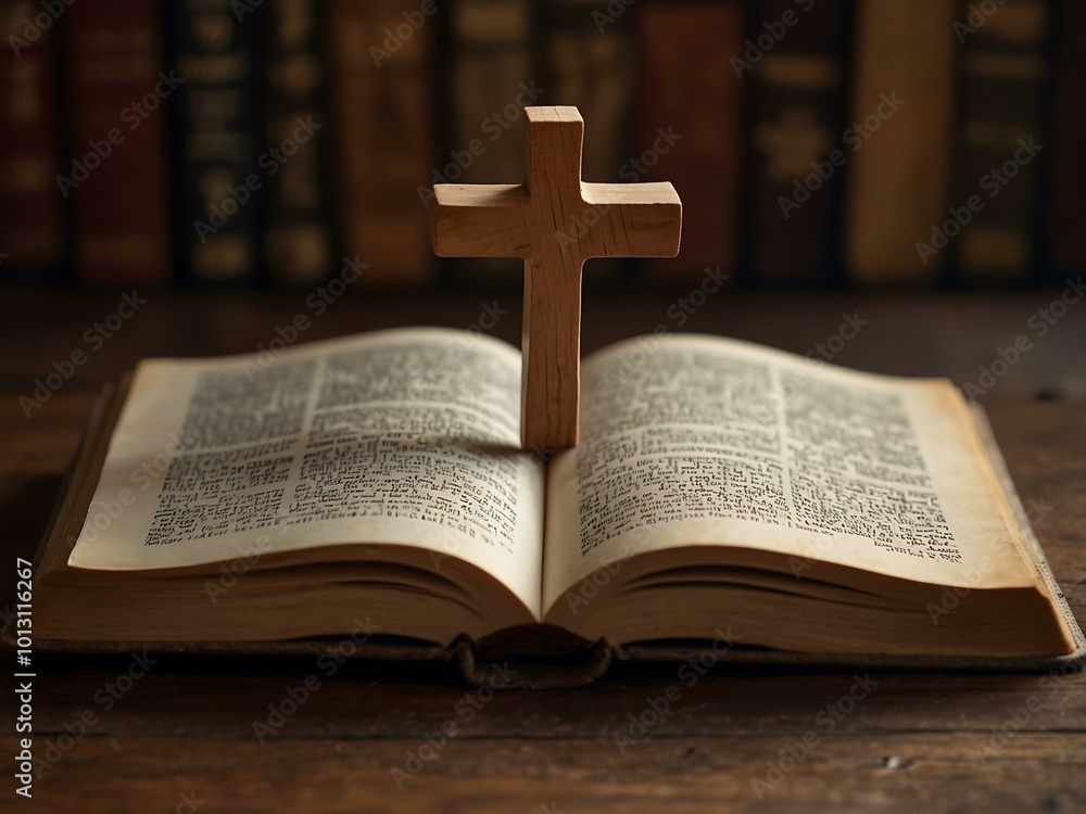 Wooden cross leans against an open book during peaceful reflection. Wooden cross leans against an open book during peaceful reflection.