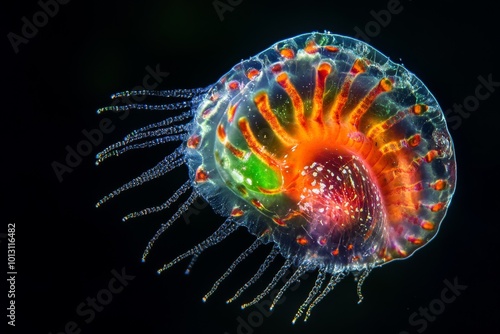 Mystic portrait of Synechococcus Picoplankton, copy space on right side, Close-up View, isolated on black background photo