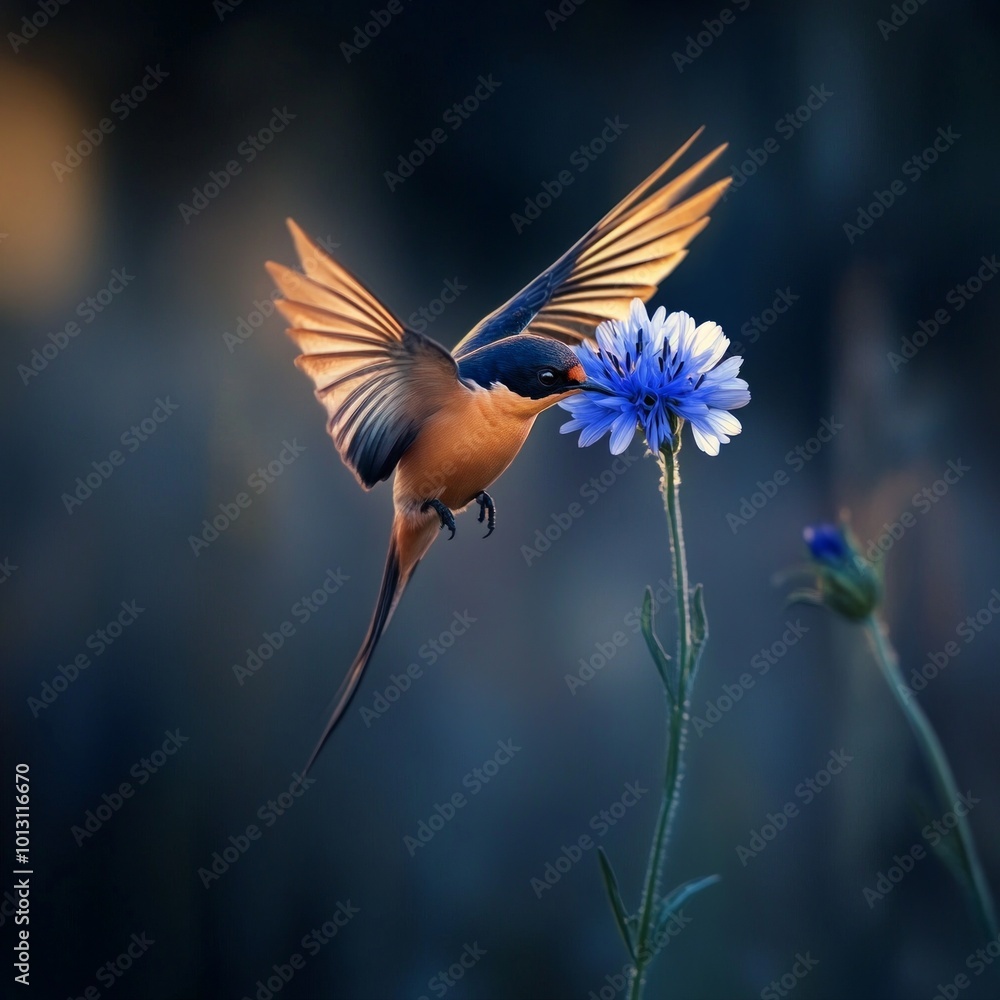 Obraz premium A vibrant bird hovers gracefully near a beautiful blue flower. The dynamic colors and soft background create a serene atmosphere. Perfect for nature lovers and photographers. AI.