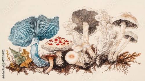 Detailed botanical drawing showcasing different mushrooms photo