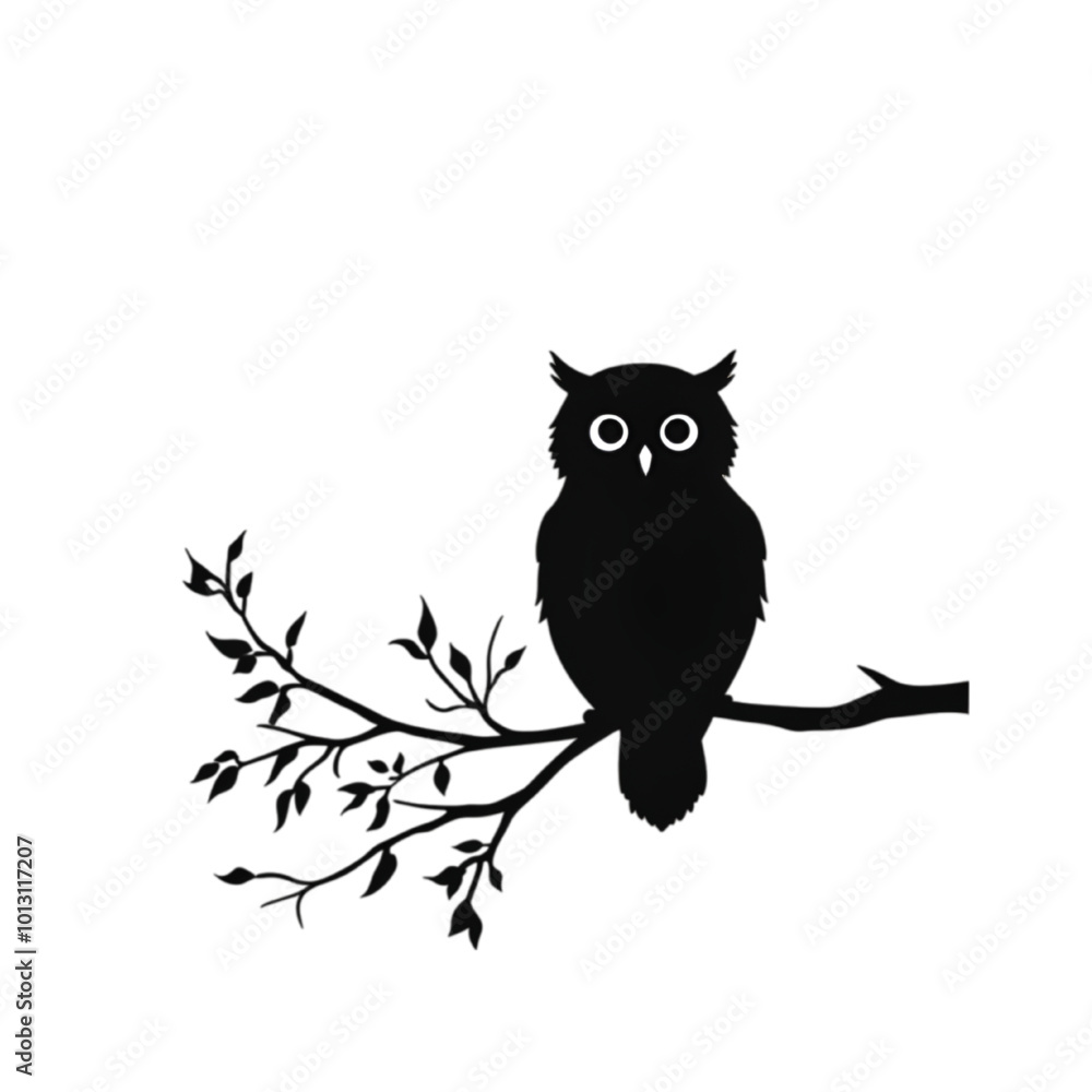 Fototapeta premium Owl on Branch Silhouette, Minimalist Vector Illustration, Isolated on White Background, Wildlife and Bird Concept