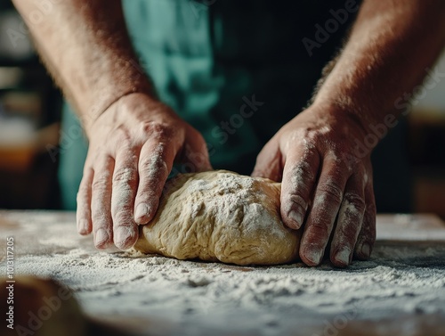 Baker's hands expertly knead soft dough on a floured table, capturing the fine art and craft of baking in a serene setting filled with the aroma of fresh bread.