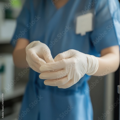 Healthcare Worker Putting on Disposable Gloves