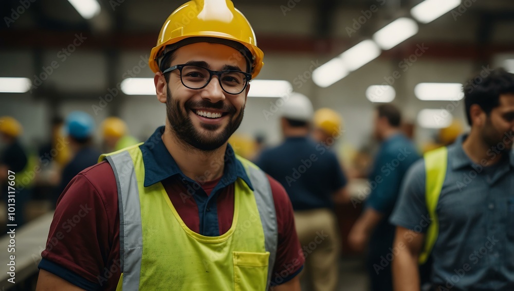 Worker smiling in a factory wearing a yellow helmet. Worker smiling in a factory wearing a yellow helmet.