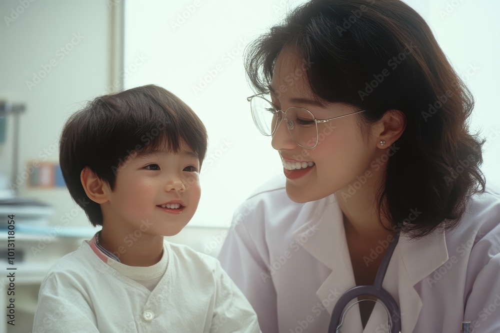 Smiling Doctor with Young Patient in Korean Medical Setting Smiling Doctor with Young Patient in Korean Medical Setting