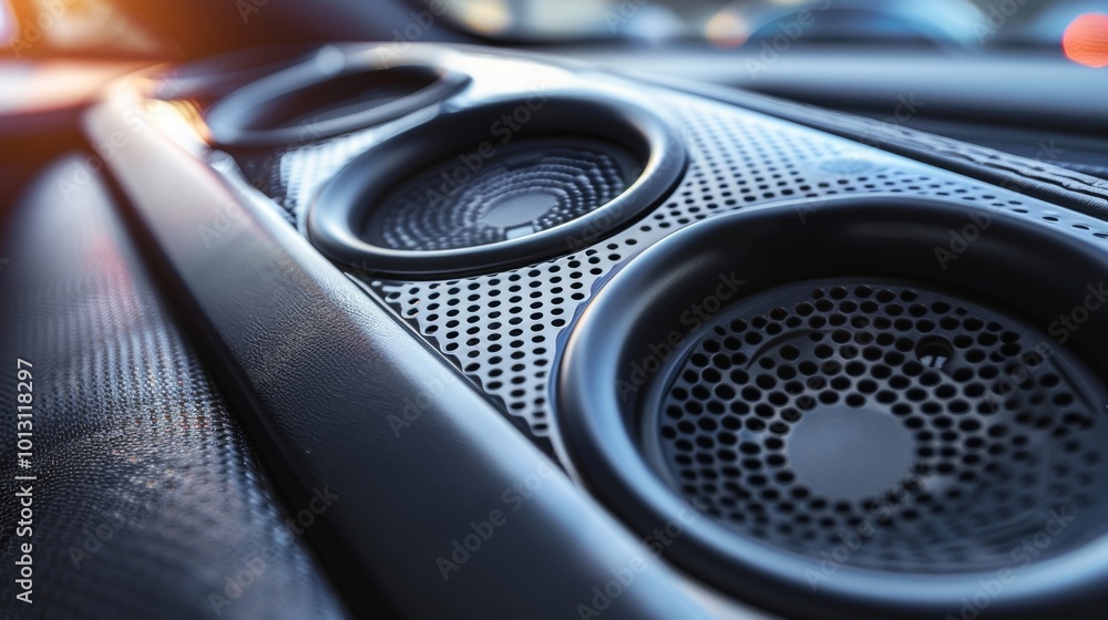 Thin sleek speakers line the edges of the cars dashboard blending in seamlessly with the interior design. Thin sleek speakers line the edges of the cars dashboard blending in seamlessly with the interior design.