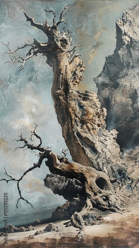 Dramatic Landscape with Dead Tree and Rocky Cliffs