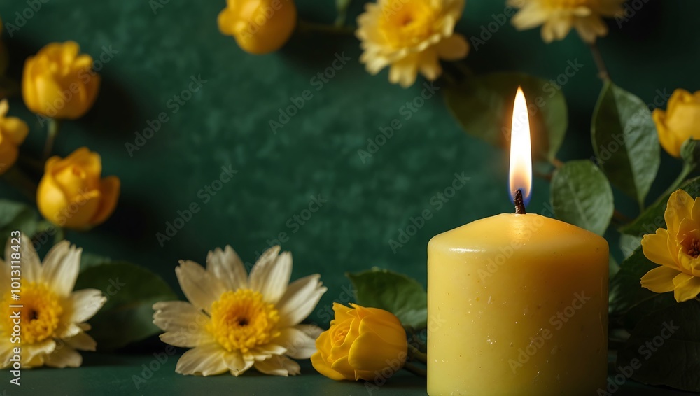 Yellow candle with flowers and leaves on a green background. Yellow candle with flowers and leaves on a green background.